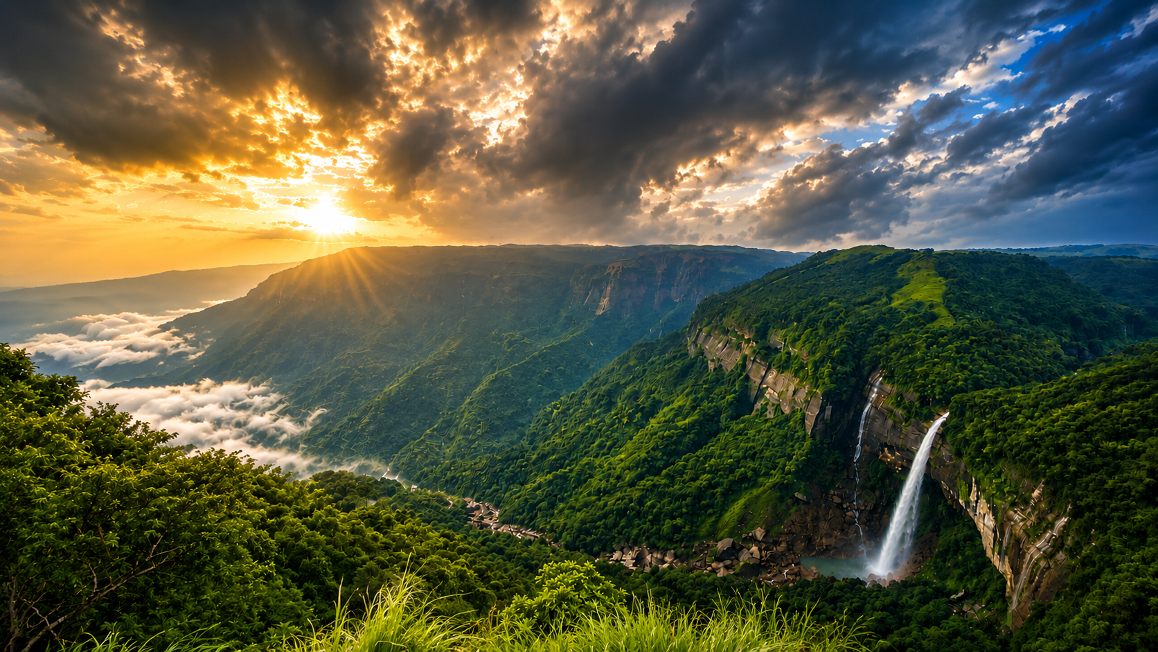 Cinematic waterfall landscape at sunset in Meghalaya