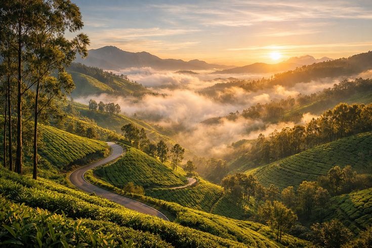 Cinematic waterfall landscape at sunset in Meghalaya