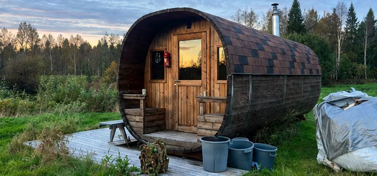 Wooden cabin stay surrounded by forest at dusk