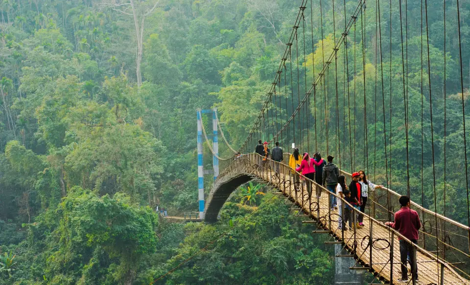 Travellers crossing a suspension bridge on the forest trail to Nongriat, Meghalaya