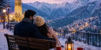 A couple on a bench overlooking a snowy hill town at dusk