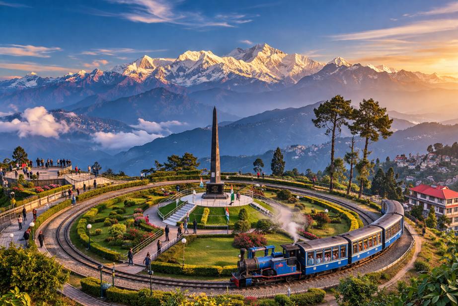 Darjeeling Himalayan toy train passing through scenic tea gardens